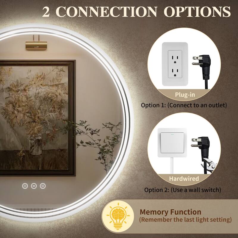 UL Certified Round Frameless Wall Mounted Anti Fog LED Bathroom Vanity Mirror, 3-Color Dimmable, HD Tempered Glass