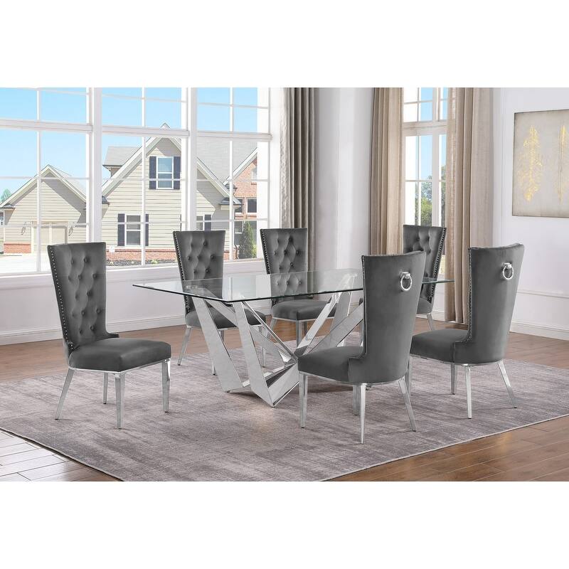 Best Quality Furniture D400/1-SC330-7 Dining Set with 78" 12mm Glass with Bevel - 7-Piece - Dark Grey / Silver