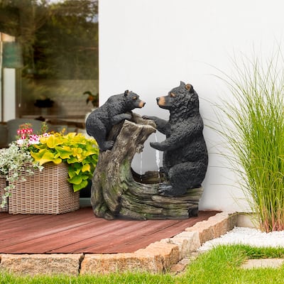 Alpine Corporation USA1132 26" Black Rustic Playful Bear and Cub Log Indoor Outdoor Water Fountain