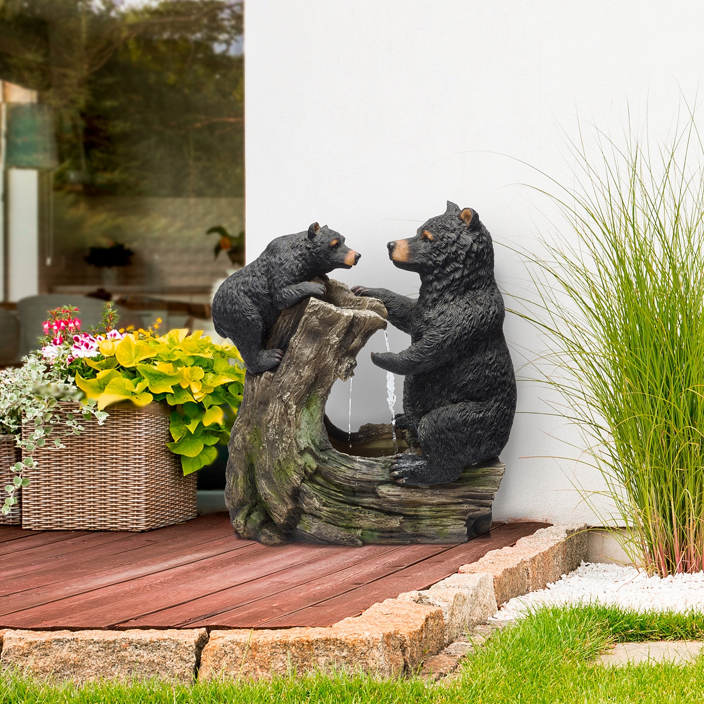 Alpine Corporation USA1132 26" Black Rustic Playful Bear and Cub Log Indoor Outdoor Water Fountain