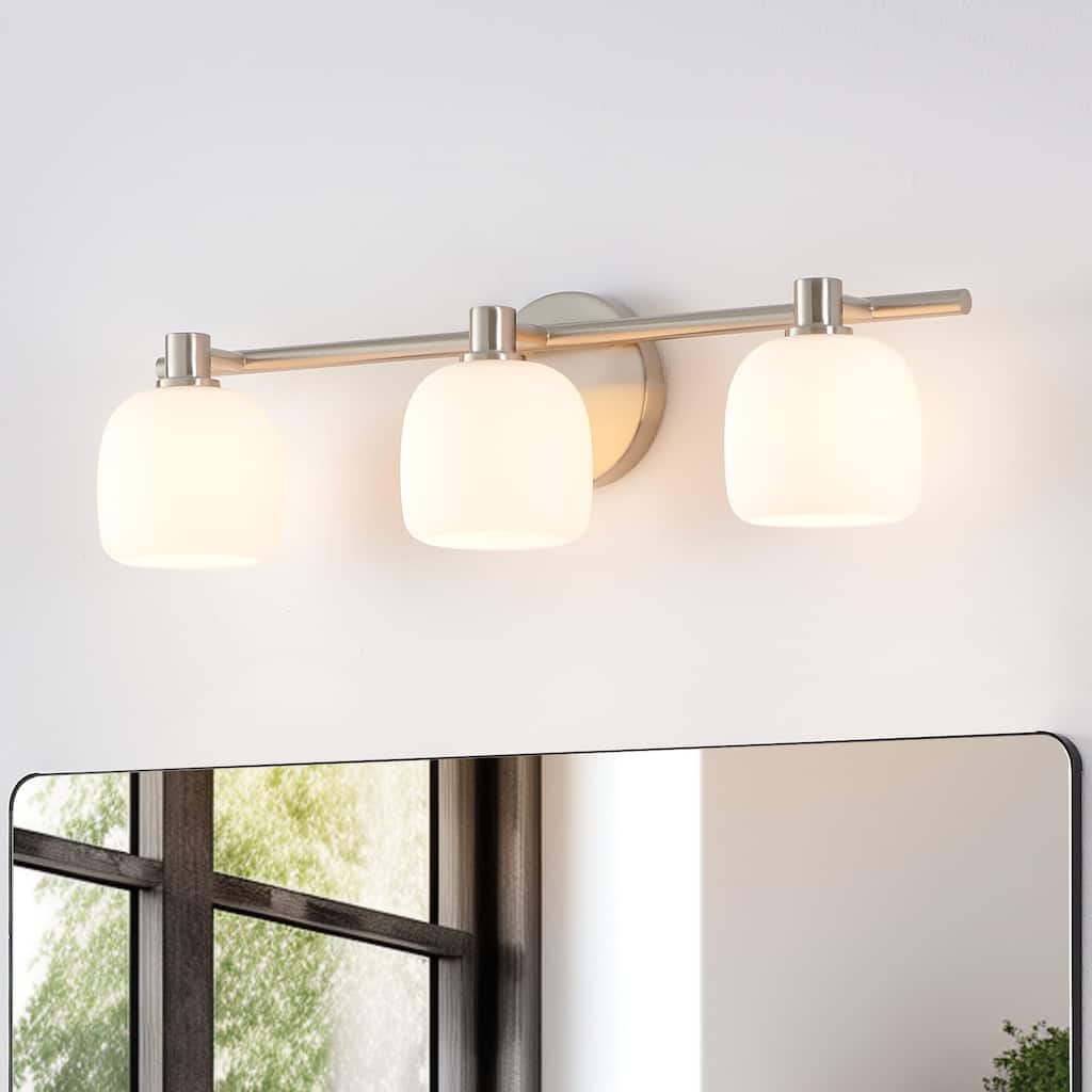 Thesis Valentina 24-inch 3-light Brushed Nickel Vanity Light with Etched Opal Glass Shades