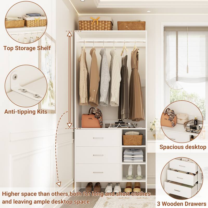 Cimly 30'' W Freestanding Closet Sytem with Hanging Rod, Closet Organizer with Drawers and Shelves