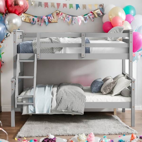 slide 2 of 11, Twin Over Full Solid Wood Bunk Kids Bed Frame with Ladder, Safety Guardrail, Convertible Design for Bedroom, Easy Assembly, Grey Grey