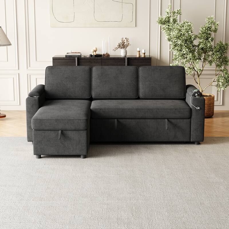85.8" Fabric Sleeper Sectional Sofa with Storage & USB