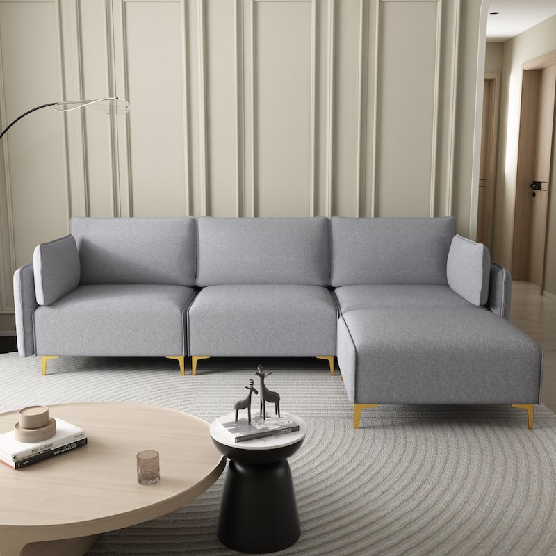 L Shape Sectional Sofa Polyester Three Single Seat+Ottoman Removable