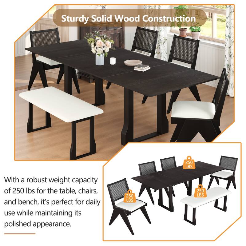 6 People Extendable Dining Table Set, Wood 6 Piece Dining Table and Chair Set with 4 Wicker Back Upholstered Chairs and Bench