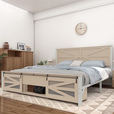 Moasis Farmhouse Brown Queen/King Bed Frame with Sliding Barn Door Storage Cabinets