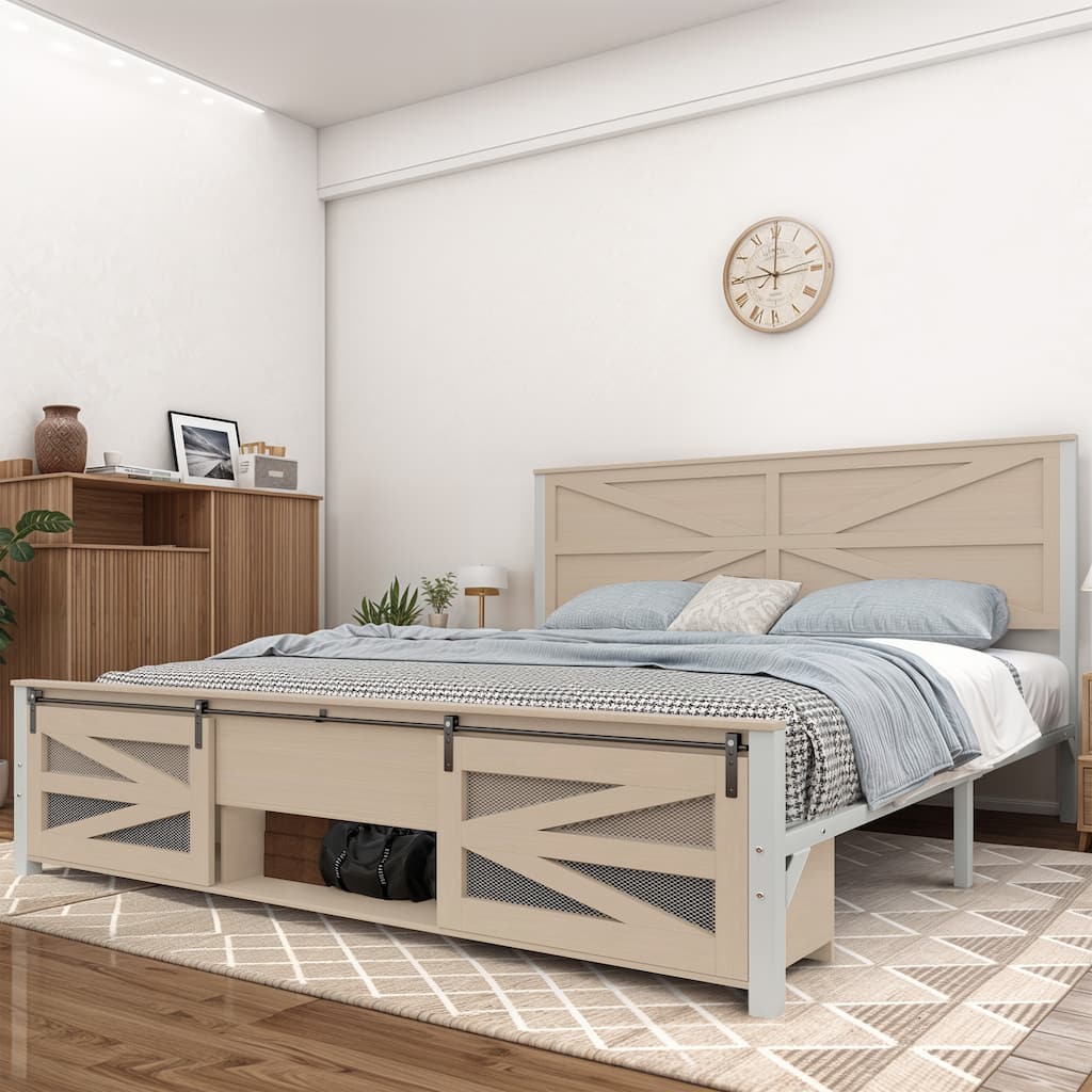 Moasis Farmhouse Brown Queen/King Bed Frame with Sliding Barn Door Storage Cabinets