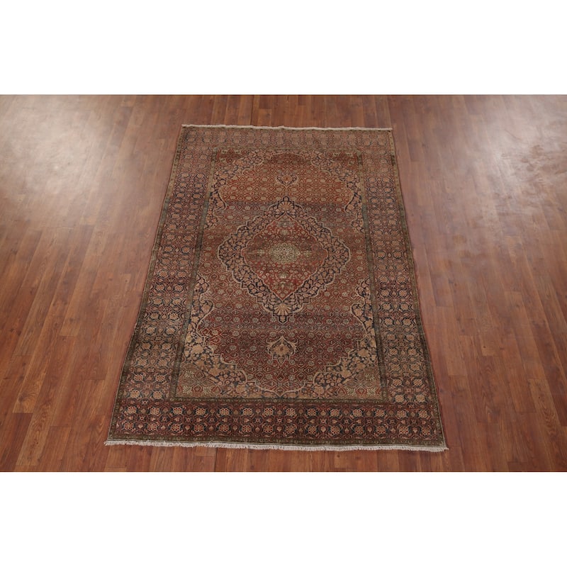 Pre-1900 Antique Kashan Mohtasham Persian Rug Handmade Wool Carpet - 4'4" x 6'5"