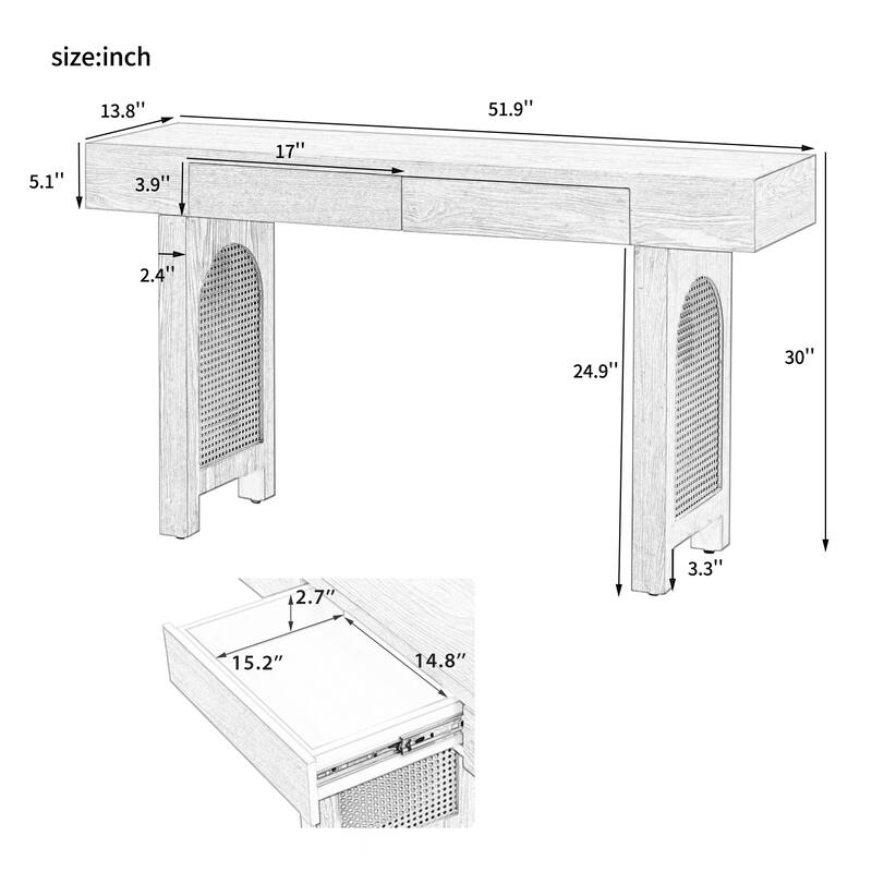 52 Inch 2 Drawers Console Table/Bar Table with Natural Wood Finish