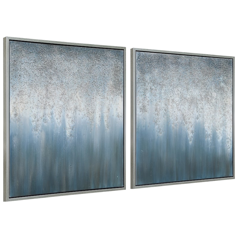 Blue Rain Textured Glitter Hand Painted Canvas Wall Art Set of 2