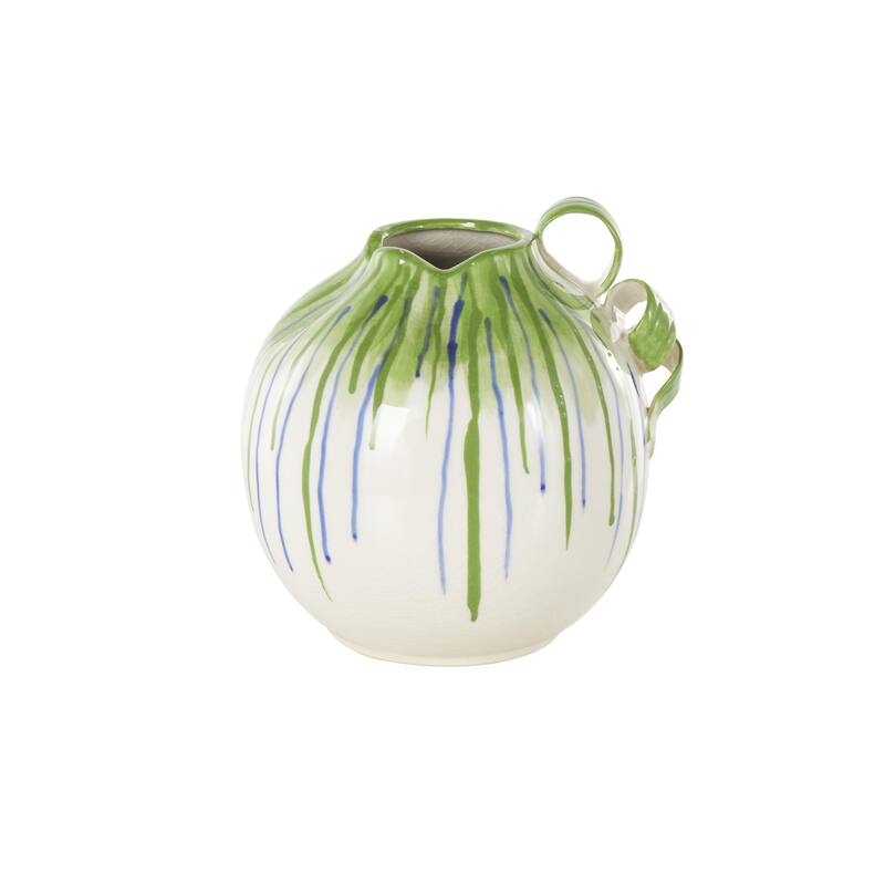 White Ceramic Abstract Decorative Vase with Green and Blue Drip Design and Handle
