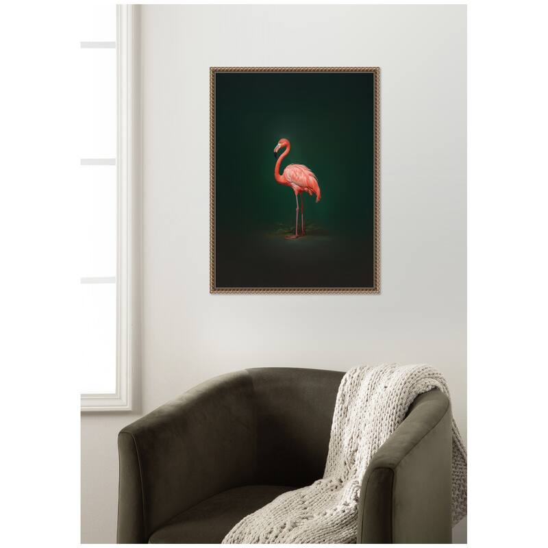 Kate and Laurel Flamingo Side View Rich Green Backdrop by The Creative Bunch Studio Framed Canvas Wall Art Print