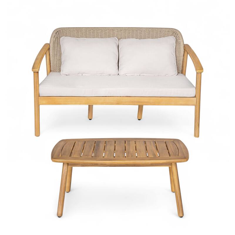 Christopher Knight Home - Camille 2-Piece Outdoor Acacia Wood Conversation Set with Woven Rope Backrest & Coffee Table