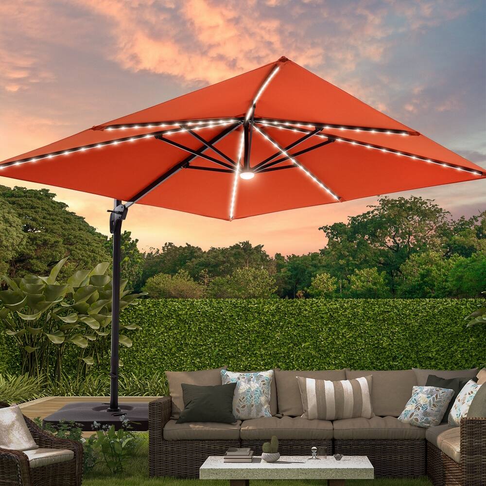 LIVOOSUN Patio10x10FT LED Aluminum Cantilever Umbrella Solution-Dyed Fabric w/Base