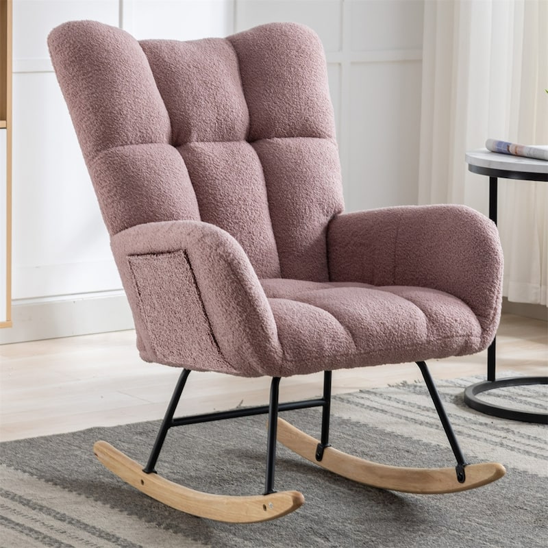 Rocking Chair Upholstered Glider Rocker Rocking Accent Chair Padded Seat with High Backrest Armchair - Pink