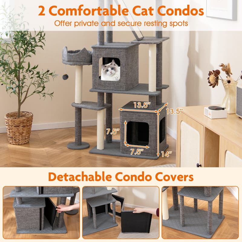 Engineered Board Cat Tree with Sisal Posts, Plush Condos and Anti-Topple Design - 34" L x 16" W x 71" H