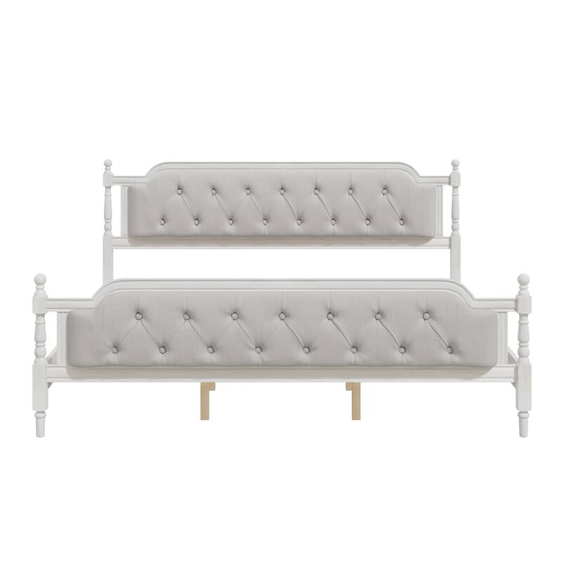 King Size Solid Wood Bed Frame with Upholstered Tufted Headboard