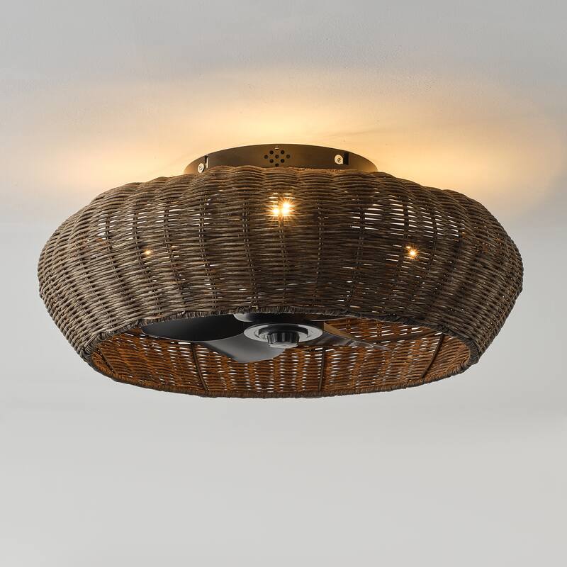 20-inch Boho Distressed Black Chandelier Flush Mount Ceiling Fan with Remote and Hand-Woven Rattan Shade - 19.7" W x 7.08" H