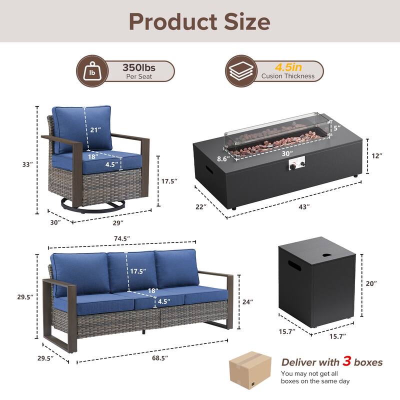 Meyreso Wicker Outdoor Patio Fire Pit Set with Swivel Gliders & 4.5-Inch Olefin Cushions