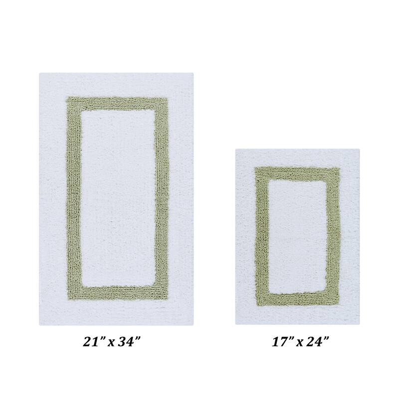Better Trends Hotel Collection in Race Track 100% Cotton Super Absorbent Reversible Double Sided Machine Washable Bath Mat Rug - 2 Piece Set (17" x 24" | 21" x 34") - White & Sage