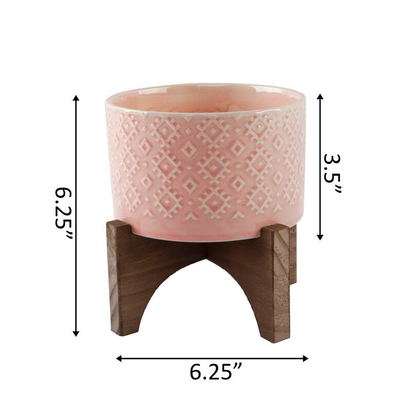 Mid-Century 5" Indian Ceramic Planter ON WOOD STAND, MATTE BLACK
