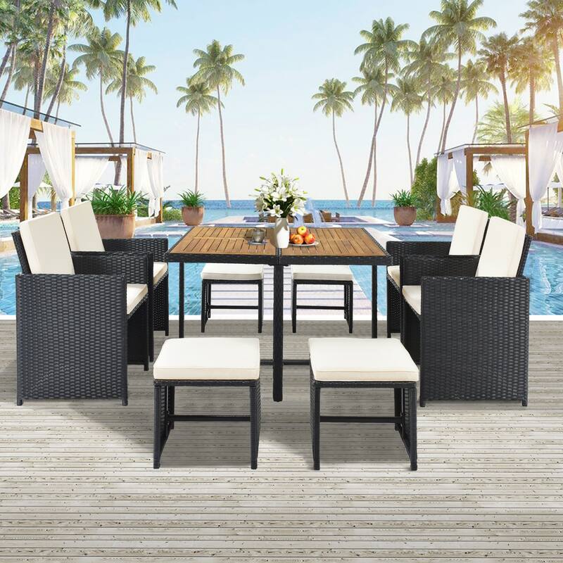 Patio AllWeather PE Wicker Dining Table Set with Wood Tabletop for 8