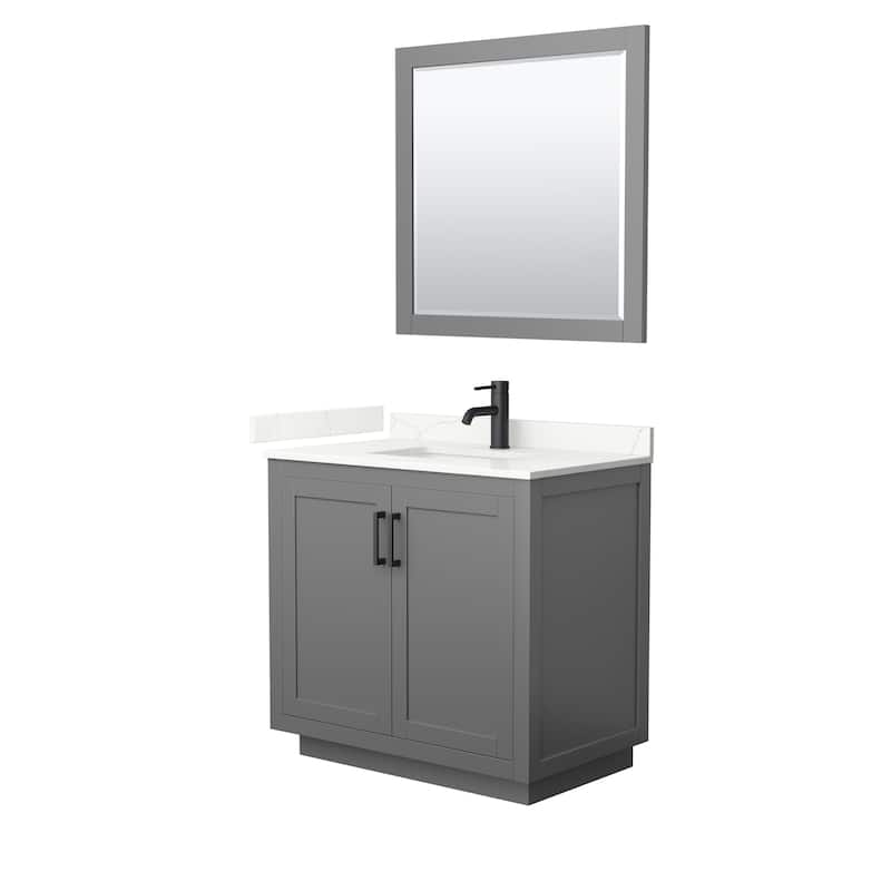 Miranda 36-inch Single Vanity, Quartz Top, 34-inch Mirror - Dark Gray, Black Trim, Giotto Quartz Top