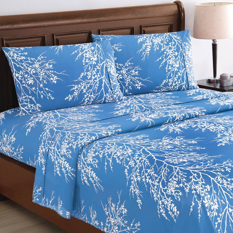4-Piece Spring Foliage Bed Sheet and Pillowcase Set - Light Blue - Twin