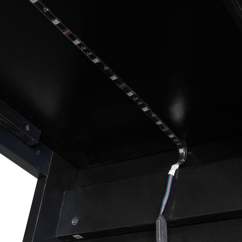 Full Size Gaming Loft Bed with RGB Lights, Wooden High Loft Bed Frame with Adjustable Desk, Hanging Rod and Storage