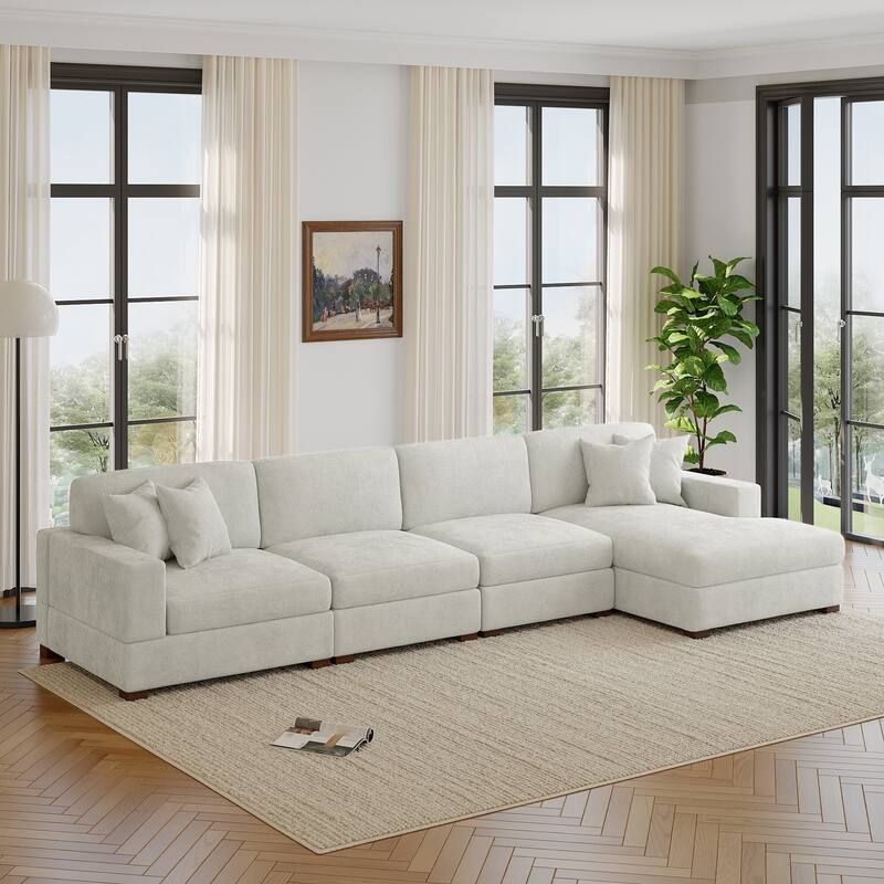 Oversized Modern Chenille L-shape Modular Sectional Sofa with Chaise - Right Facing - Off White