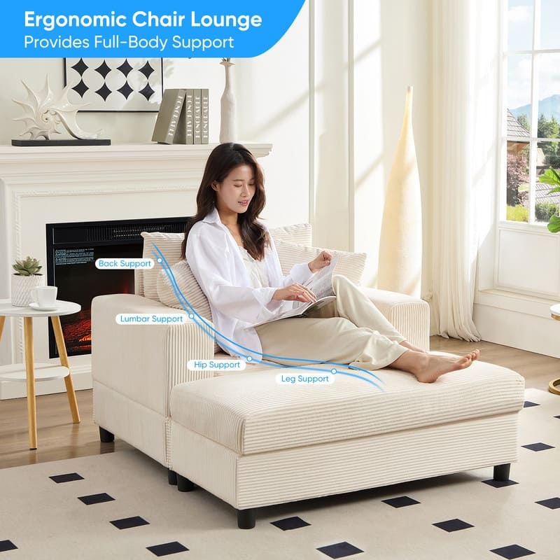 Mixoy Corduroy Chaise Lounge Deep Seat Sleeper Sofa Chair with Storage Ottoman,Upholstered 1-Seater/Loveseat Sofa Couch