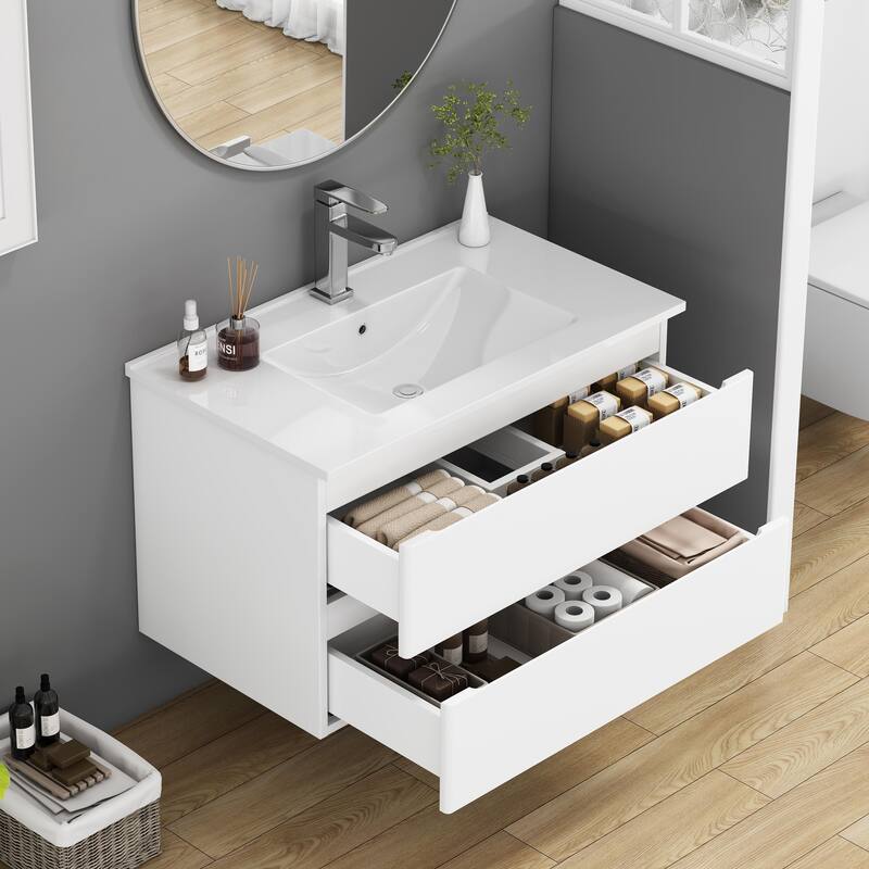 32 Inch Floating Bathroom Vanity with One-piece Ceramic Sink, Wall Mounted Cabinet with 2 Drawers