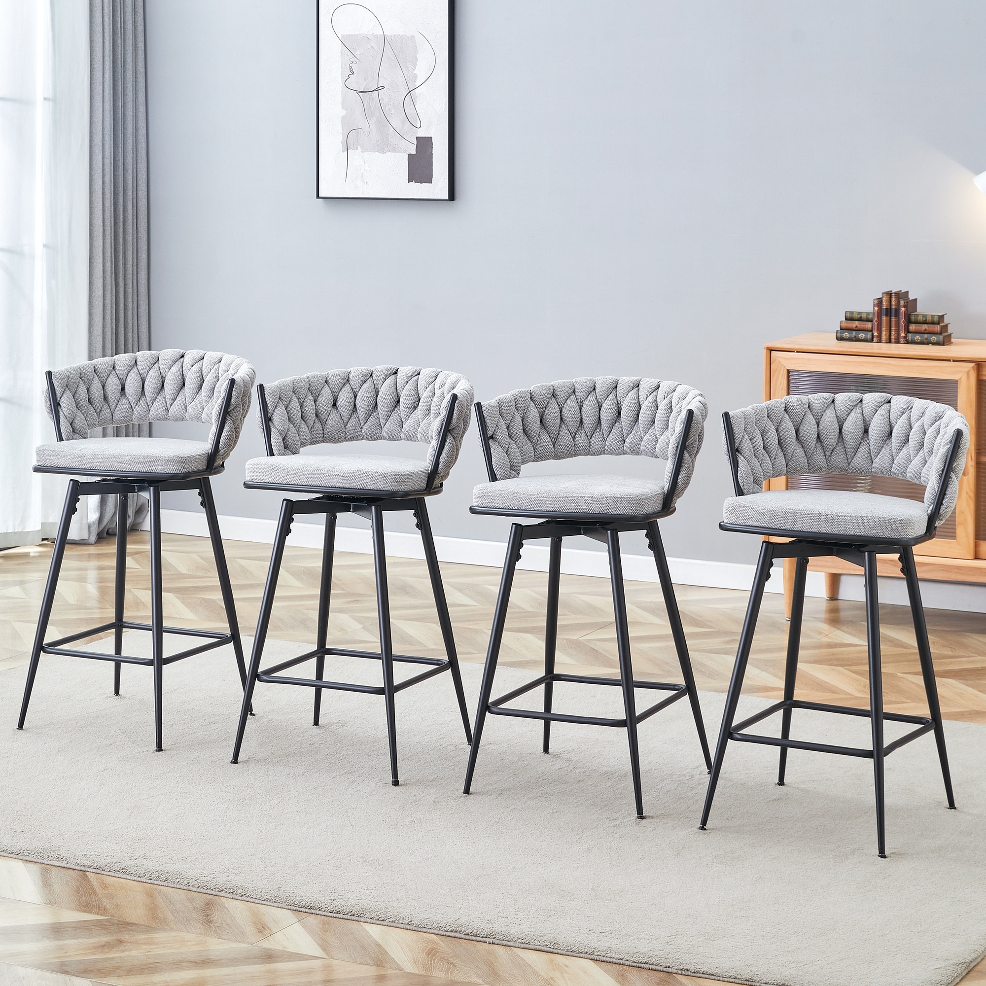 4-Piece Set Swivel Bar Stools with Breathable Linen-Cotton Seats - 360°Rotating Counter Height Stools, Heavy Duty Iron Frame