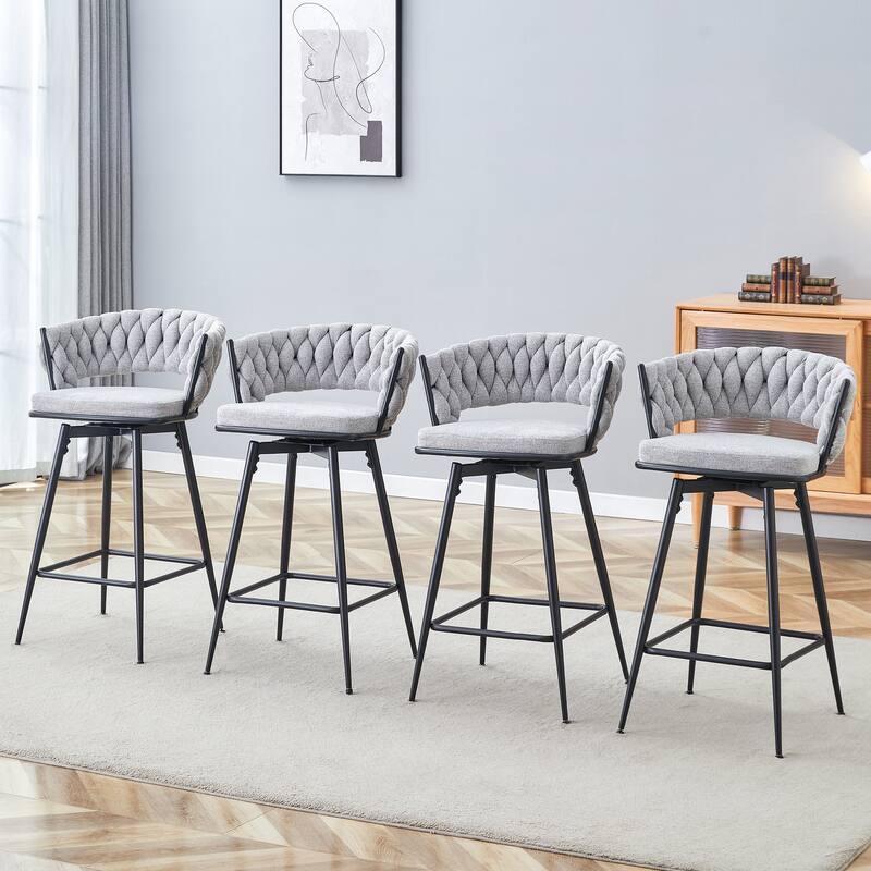 Set of 4 Swivel Bar Stools with Linen Cushions, Beige Seats & Black Iron Frames for Kitchen Island