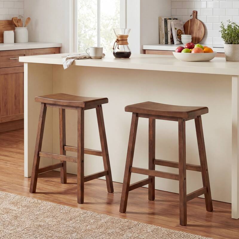 Gymax Solid Wood Saddle Bar Stools Set of 2 Backless Wooden Barstools