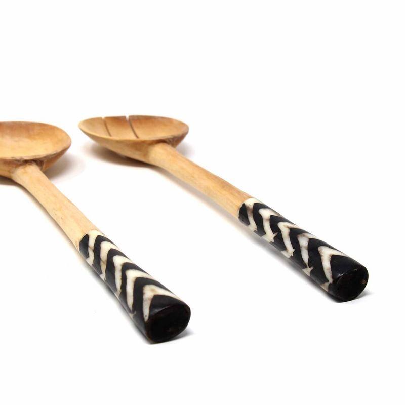 Handmade Olive Wood Serving Utensils with Natural Batik Bone Handles (Kenya)