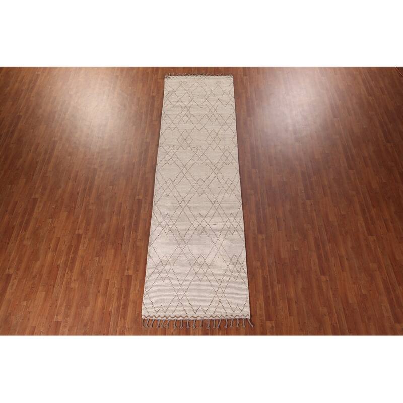 Ivory Trellis Moroccan Oriental Runner Rug Hand-Knotted Wool Carpet - 3'9"x 13'0"