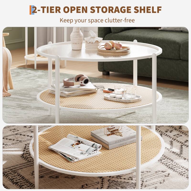30" Rattan Coffee Table, 2-Tier Round End Table with Storage