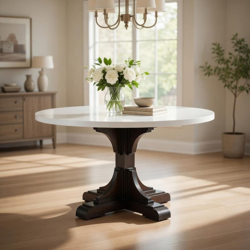 Dining Table with Marble Top and Pedestal Base, White and Brown
