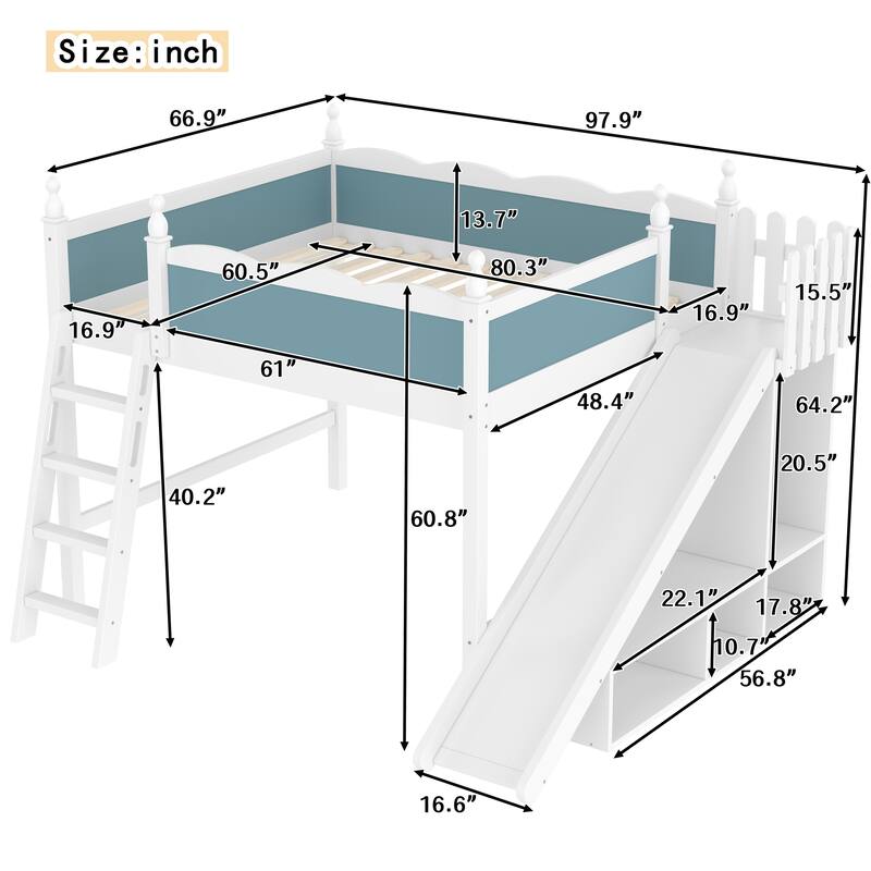 Modern High Loft Beds with Full Length Guardrails, Solid Wood Storage Loft Bed Frame with Detachable Slide and Ladders