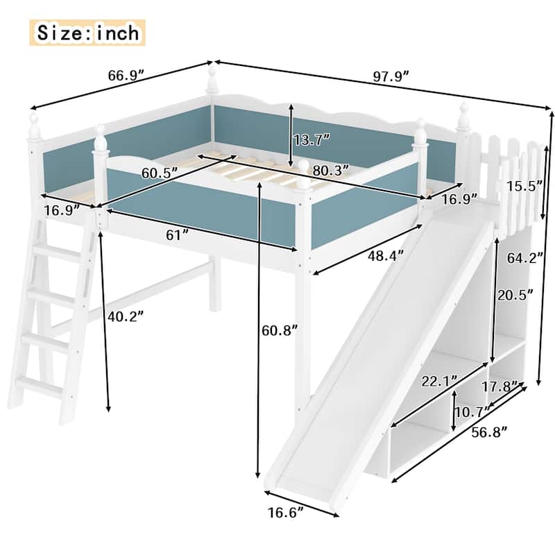 Queen/Full Size Solid Wood Loft Bed with Slide, Storage Shelves, Cabinet, Ladder & Play Area, No Box Spring Needed