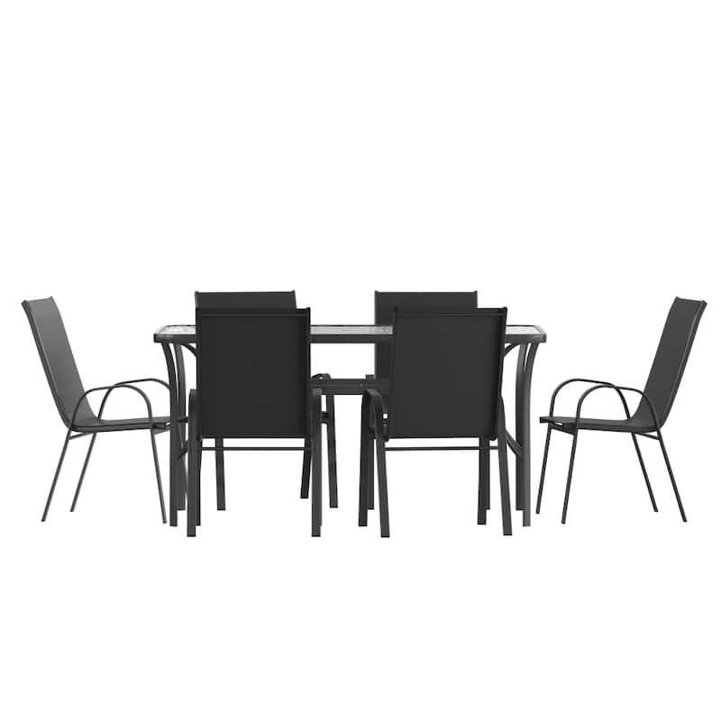 7 Piece Patio Dining Table and Chairs Set with Glass Table and 6 Chairs