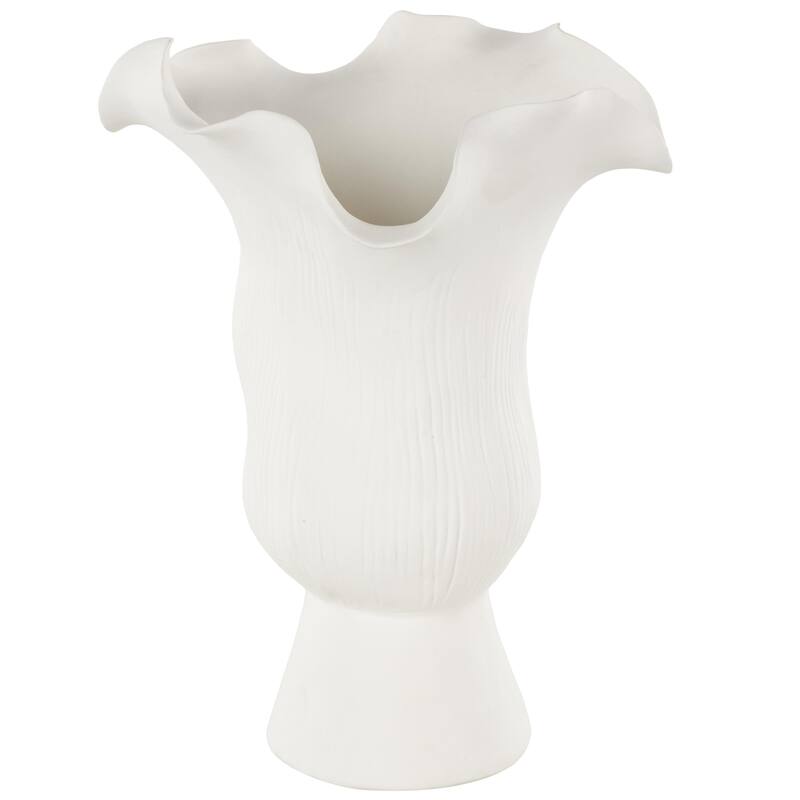 Ceramic Abstract Floral Inspired Vase with Wavy Folded Rim and Linear Grooves - White or Black - Roche River Decor - White