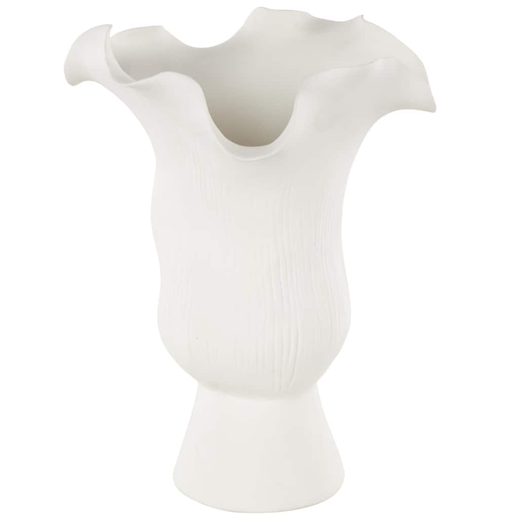 Ceramic Abstract Floral Inspired Vase with Wavy Folded Rim and Linear Grooves - White or Black - Roche River Decor