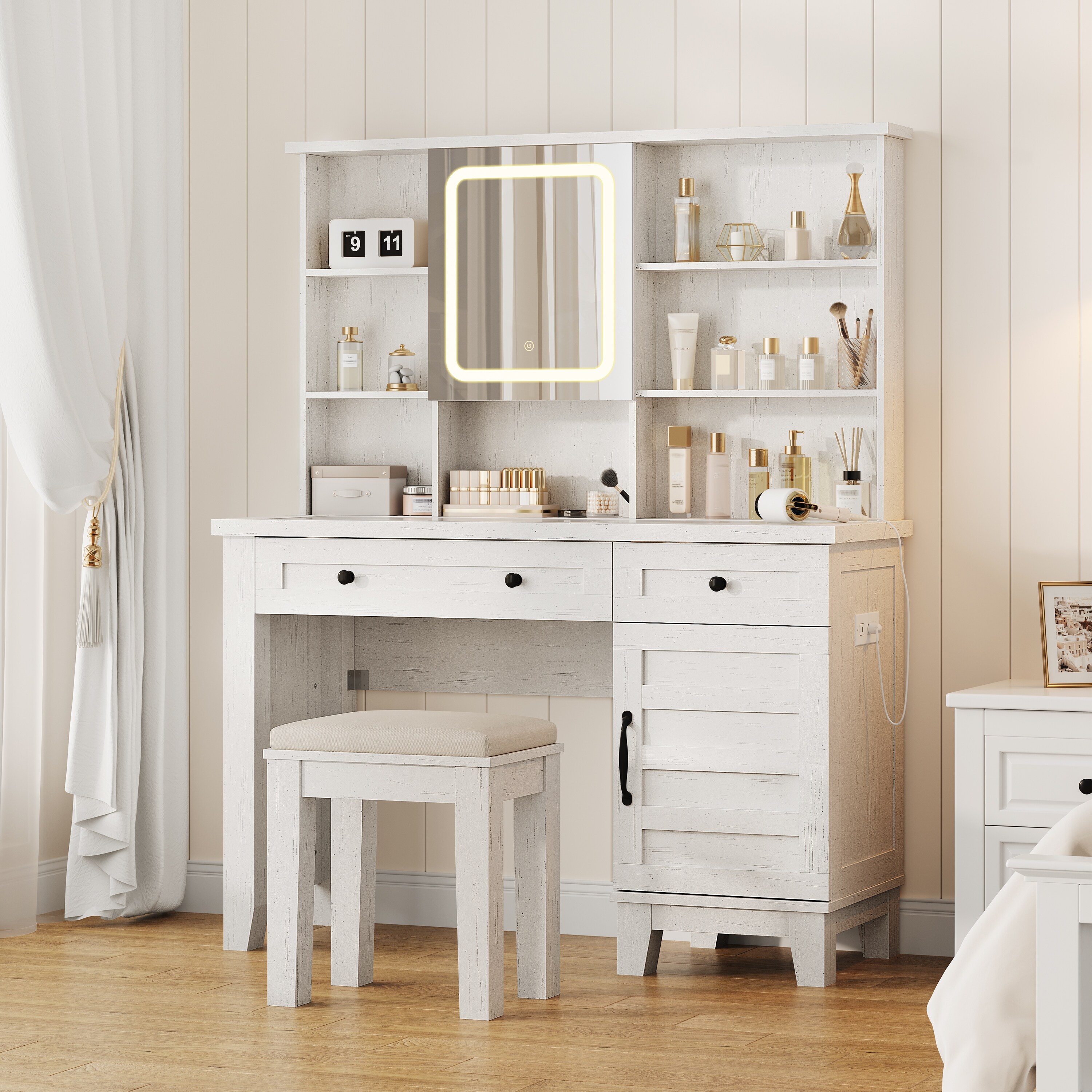 Farmhouse Makeup Vanity Desk with Solid Wood Stool, Makeup Table with Mirror and Lights