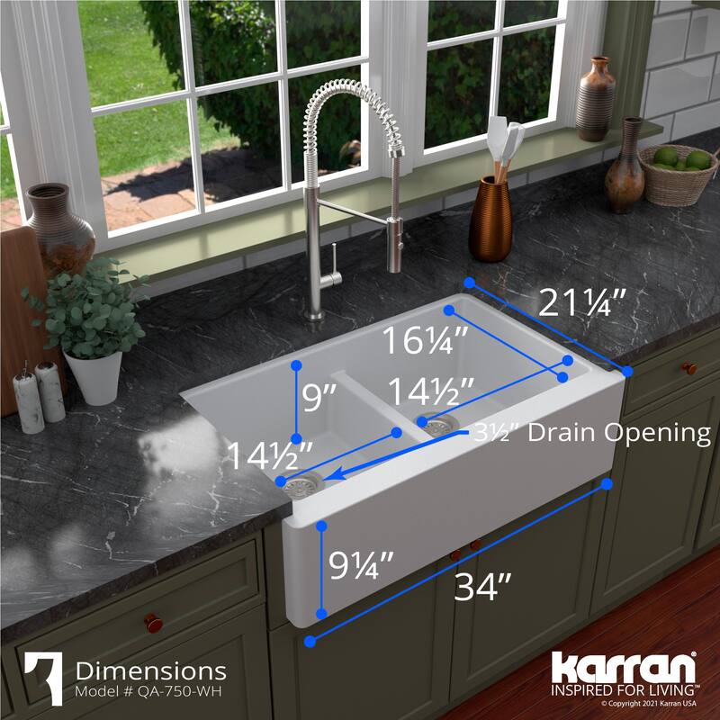 Karran Farmhouse Apron Front Quartz Double Bowl Kitchen Sink Kit