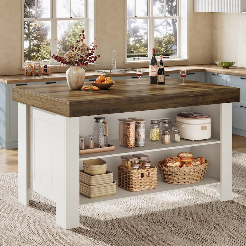 55" Two-Tone Farmhouse Kitchen Island with Storage Shelves