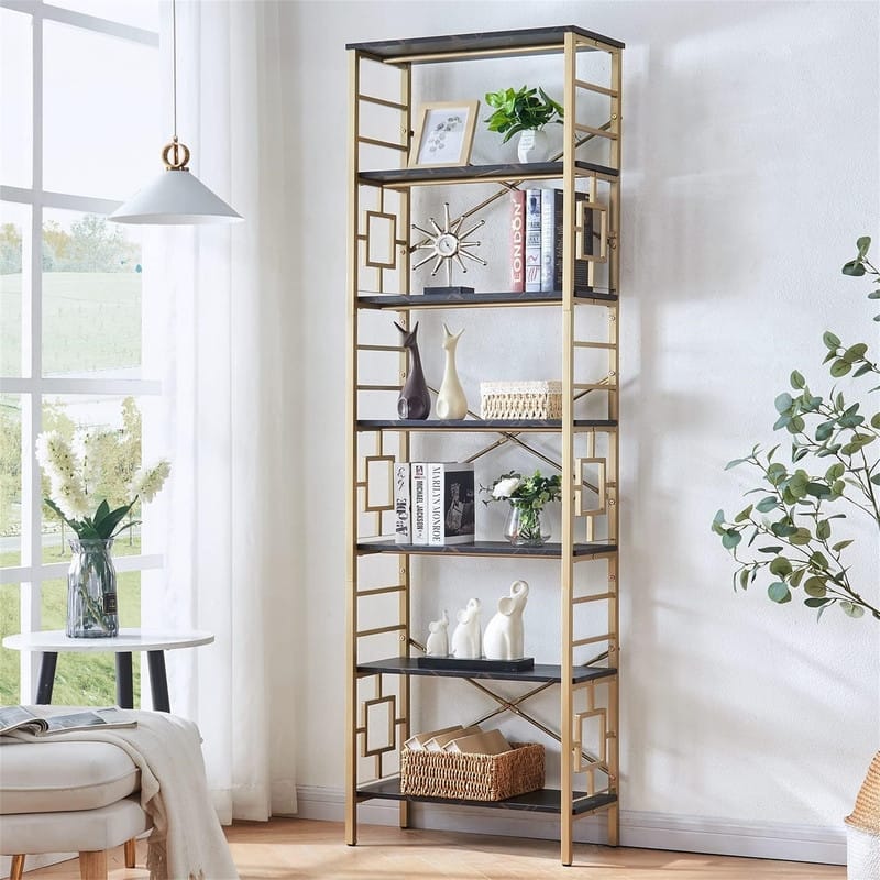 Tall Bookshelf Metal Bookcase and Bookshelves - 11.8"D x 23.6"W x 84.4"H - Black & Gold