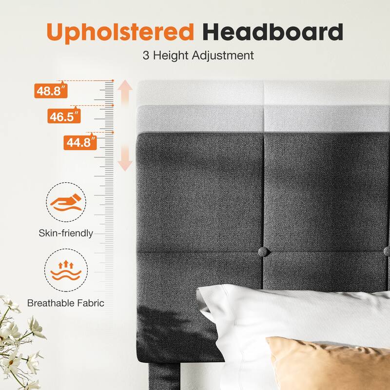 Twin Bed Frame, Upholstered Tufted Linen Platform Bed with Adjustable Height Headboard